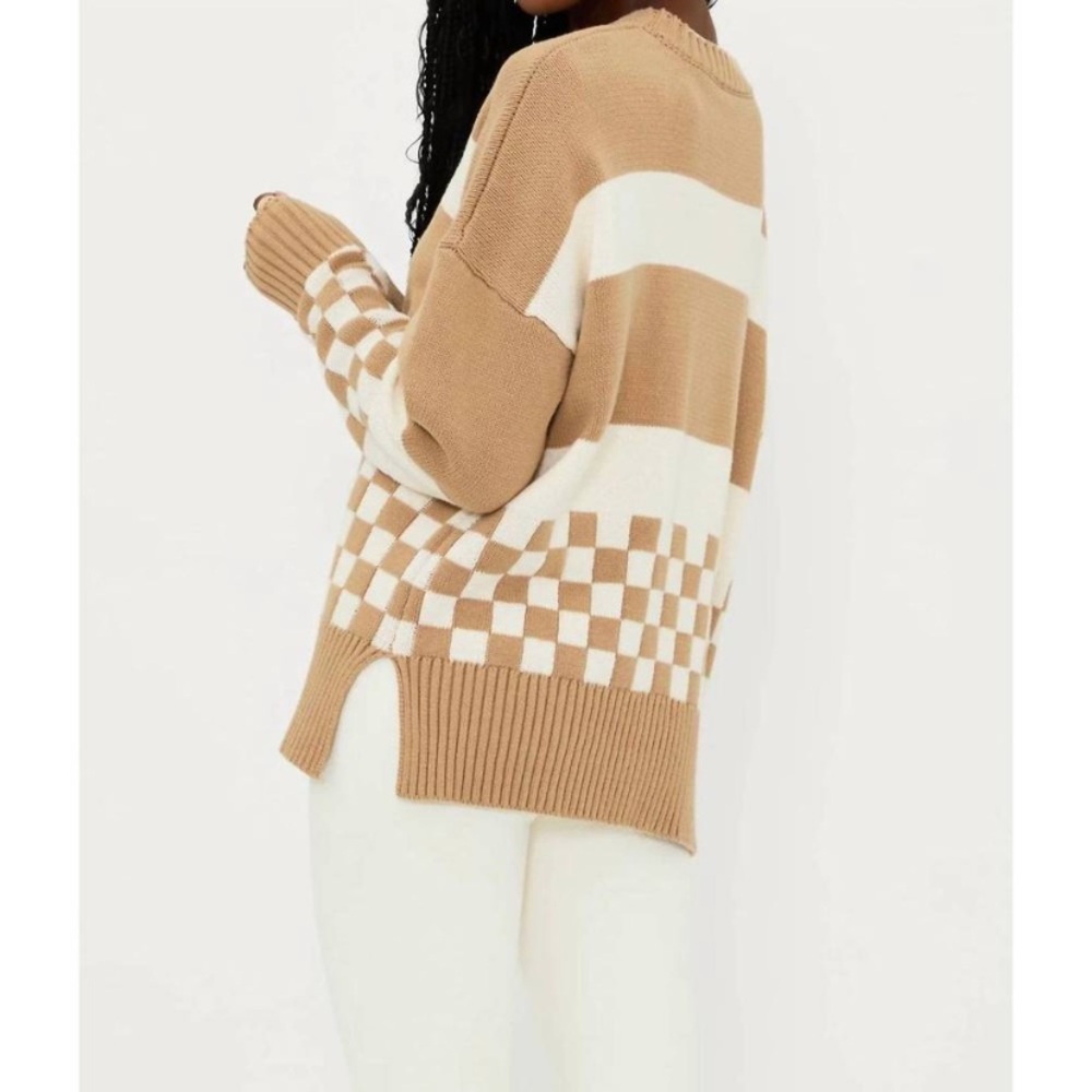 Beach Riot Callie Colorblock Checkered Striped Tan White Crewneck Sweater - Picture 2 of 5